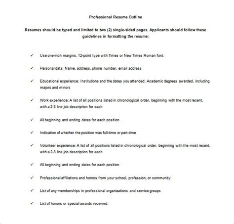 resume outline templates  excel