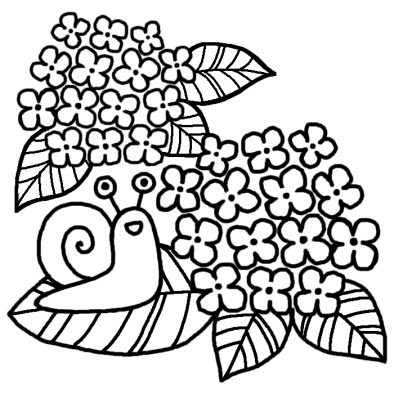 かたつむりとアジサイ 梅雨 夏の季節 6月の行事 無料 白黒イラスト素材