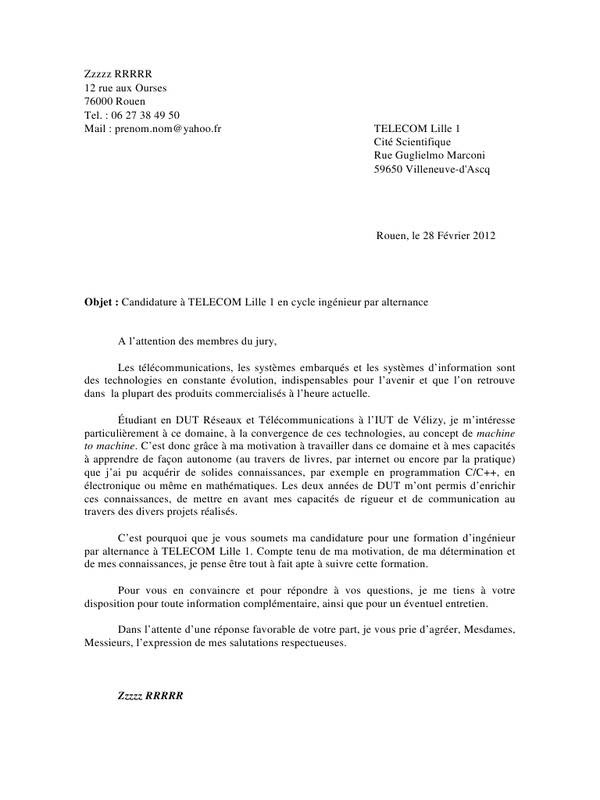 Lettre de motivation dut reseau et telecommunication 