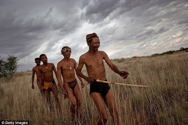 Grupo de cazadores-recolectores bosquimanos, desierto del Kalahari, África.