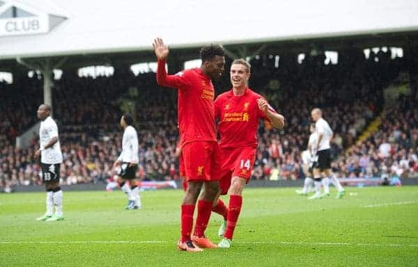 LONDON, ENGLAND - Sunday, May 12, 2013: Liverpool's Daniel Sturridge celebrates scoring the second goal of his hat-trick against Fulham with team-mate Jordan Henderson during the Premiership match at Craven Cottage. (Pic by David Rawcliffe/Propaganda)