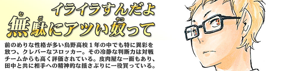 キャラクター Character ハイキュー ドットコム 烏野高校 青葉城西高校 音駒高校 伊達工業高校 日向 翔陽 影山 飛雄 澤村 大地 菅原 孝支 田中 龍之介 月島 蛍 山口 忠 清水 潔子 西谷 夕 東峰 旭 縁下 力 武田 一鉄 烏養 繋心 及川 徹 金田一 勇太郎 岩泉 一 孤爪 研磨