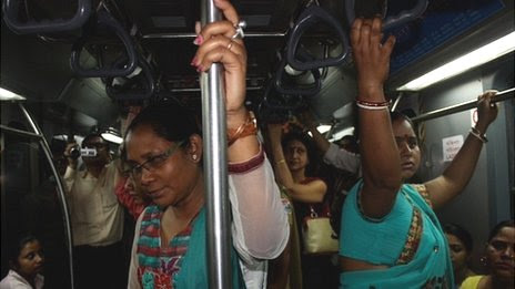 Women travelling in a carriage of the Calcutta metro