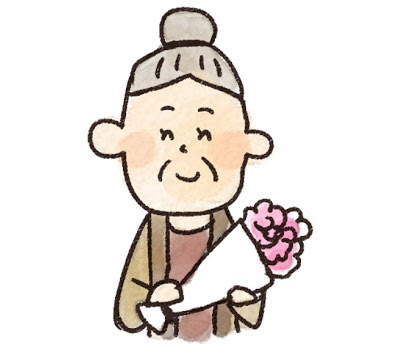 無料素材 敬老の日に花束をプレゼントされたおばあちゃんを描いたイラスト