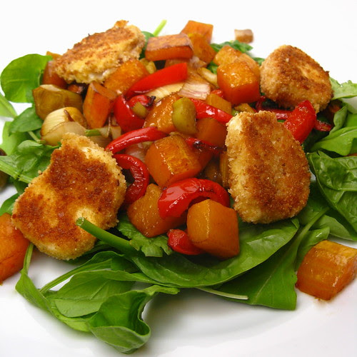 Roasted Veggie Salad with Fried Goat  Cheese