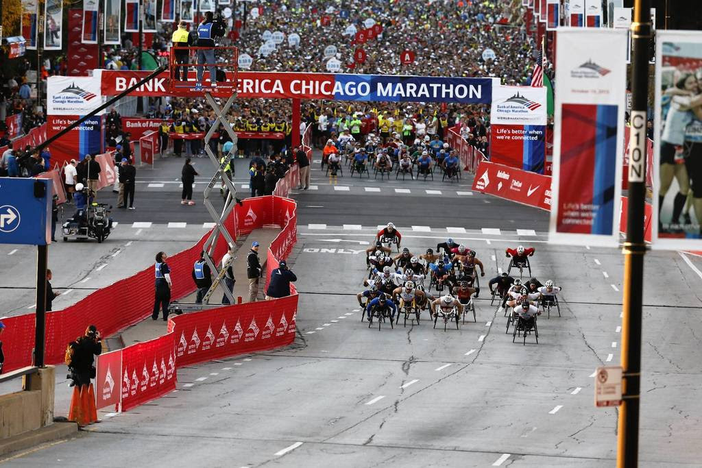 Wheelchair racers take off in the Bank of America Chicago Marathon.