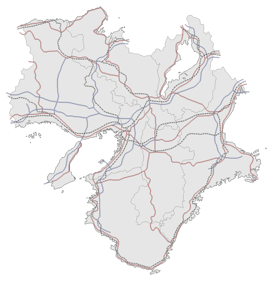 Craftmap 近畿地方の地図素材 グレー 鉄道 道路入り