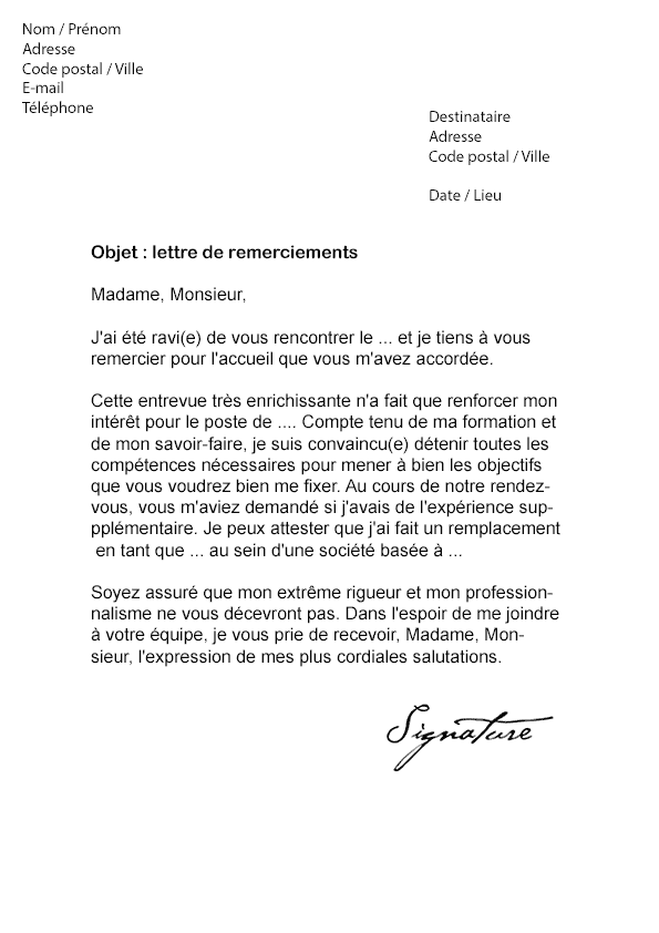 Lettre de remerciement suite à une Entrevue - Modèle de Lettre