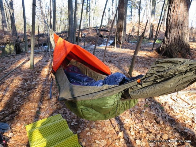 The Thunderbird has an internal ridgeline. Interior view with top quilt inside hammock and underquilt attached. JPG
