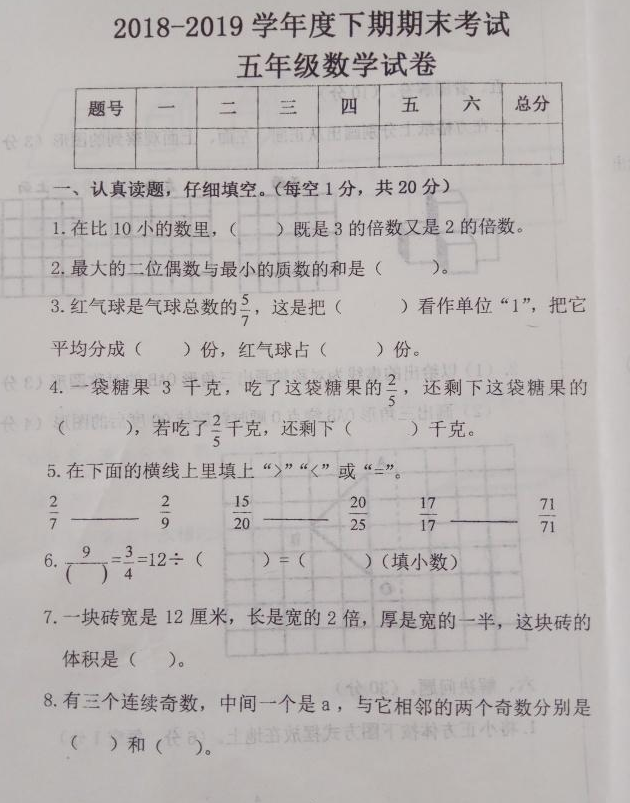小学五年级数学期末卷 学生分数意义需加强 最后一道送分题