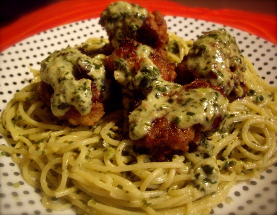 meatballs and spaghetti. Both the pesto and meatballs