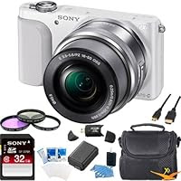 Sony NEX-3NL/W NEX-3N NEX3NL NEX3NLW Compact Interchangeable Lens Digital Camera Kit Ultimate Bundle with 32GB SD Card, Spare Battery, Filter Kit, Padded Case, HDMI Cable, Card Reader + More