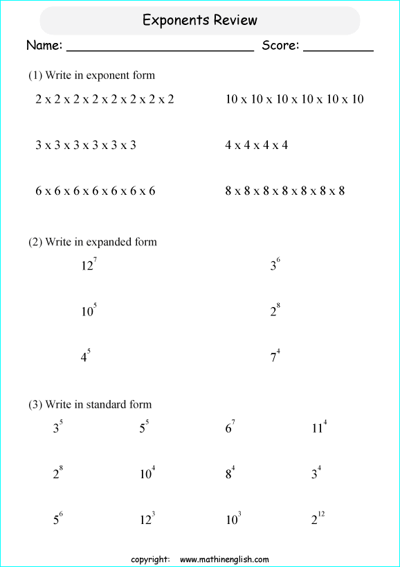 Write these exponents in their exponent form or expanded form. Great ...