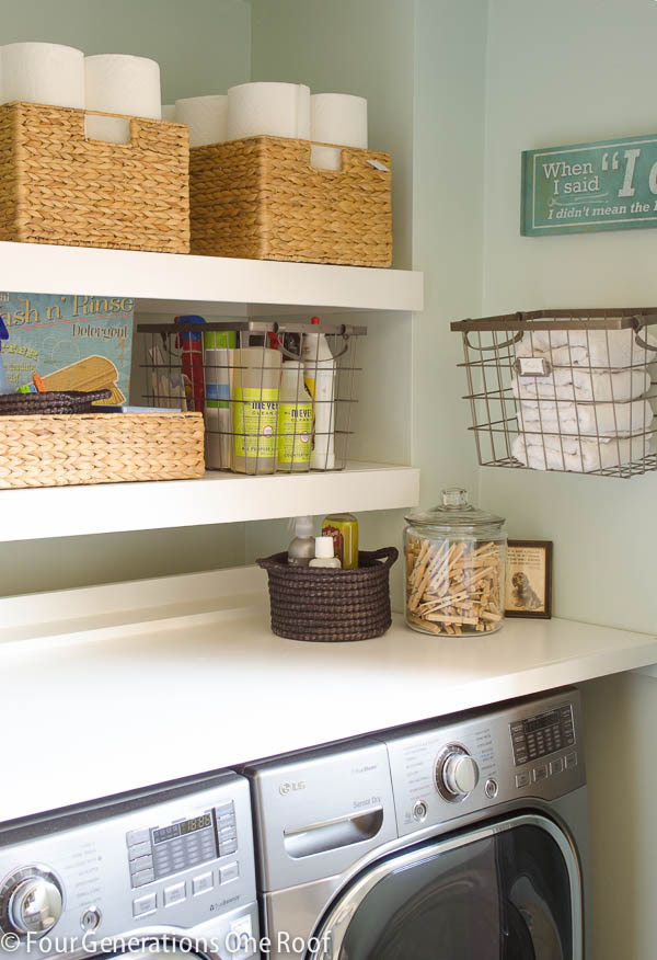 DIY Floating Shelves {laundry room} | Four Generations One ...