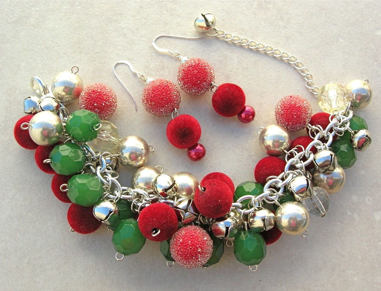 HOLIDAY BAUBLES & BELLS, handmade beaded bracelet set
