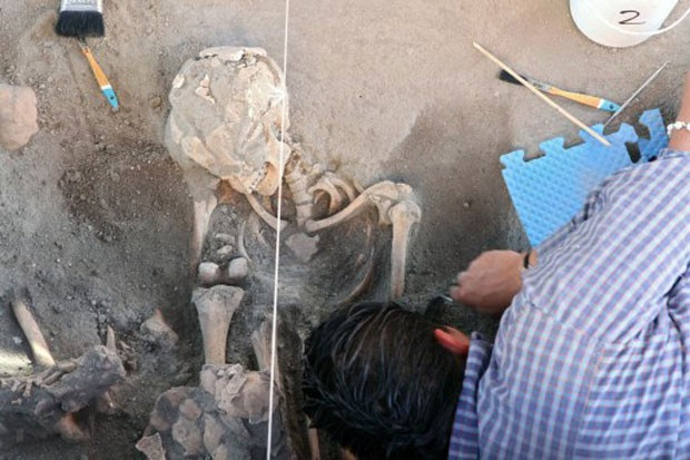 Arqueólogos sugerem que local se trata de um panteão pré-hispânico, com 63 corpos de crianças e adultos (Foto: José Castañares/AFP)
