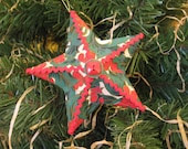 Red Green Star Christmas Ornament Embellished Paper Mache Star Paper Buttons Ric Rac - SnowNoseCrafts