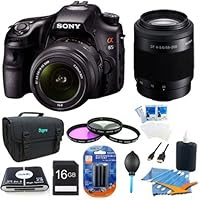 Sony Alpha A65 SLT-A65VK SLT-A65VL A65VK SLTA65 24.3 MP Translucent Mirror Digital SLR With 18-55mm SAM II and 55-200 Sony Lens BUNDLE with 16GB Card, Spare Battery, 57 in 1 Card Reader, 3 Piece Filter Kit, Deluxe Case, LCD Screen Protectors, Lens Clean