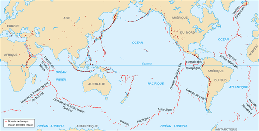 Carte de répartition du volcanisme sur Terre dont sous-marin (traits rouges).