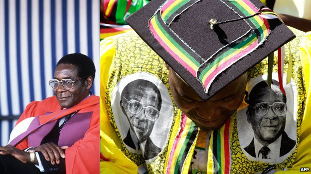 Left: Robert Mugabe in March 1984 after being awarded the Doctor Honoris Causa at the University of Harare Right: A supporter of Robert Mugabe attends his inauguration after presidential elections in Harare, Thursda, 22 August 2013