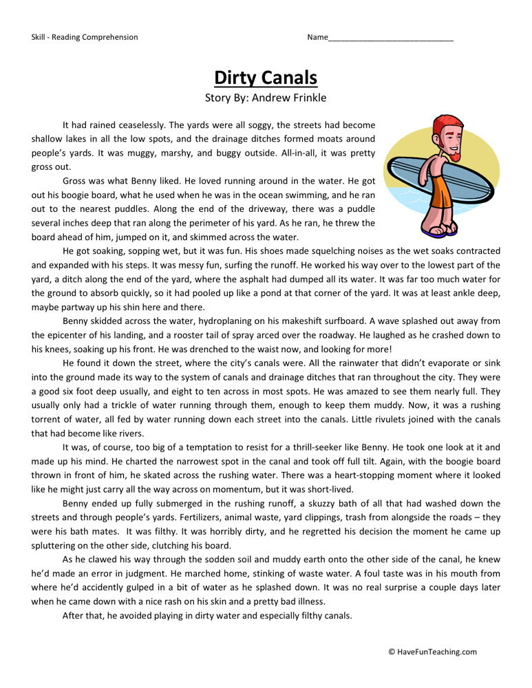 Reading Comprehension Worksheet - Dirty Canals