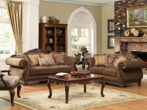 ... BROWN WOOD TRIM CHENILLE SOFA COUCH LOVESEAT LIVING ROOM SET