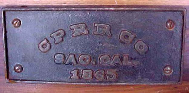 CPRR Baggage Car Plate, 1865.  Courtesy of the G. J. Graves Collection.
