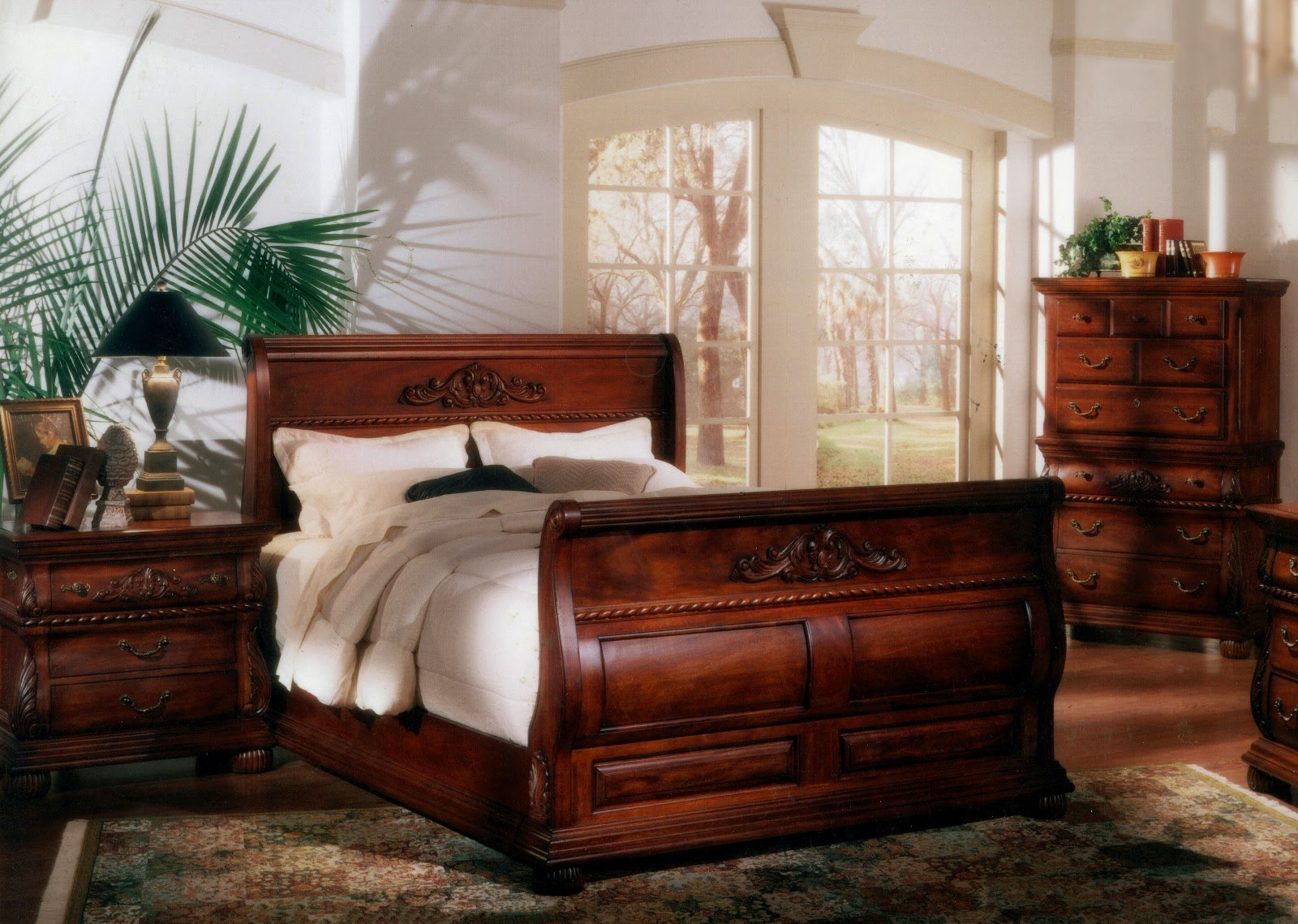 5 PC King Bed Hand Carved Solid Mahogany Wood Sleigh ...