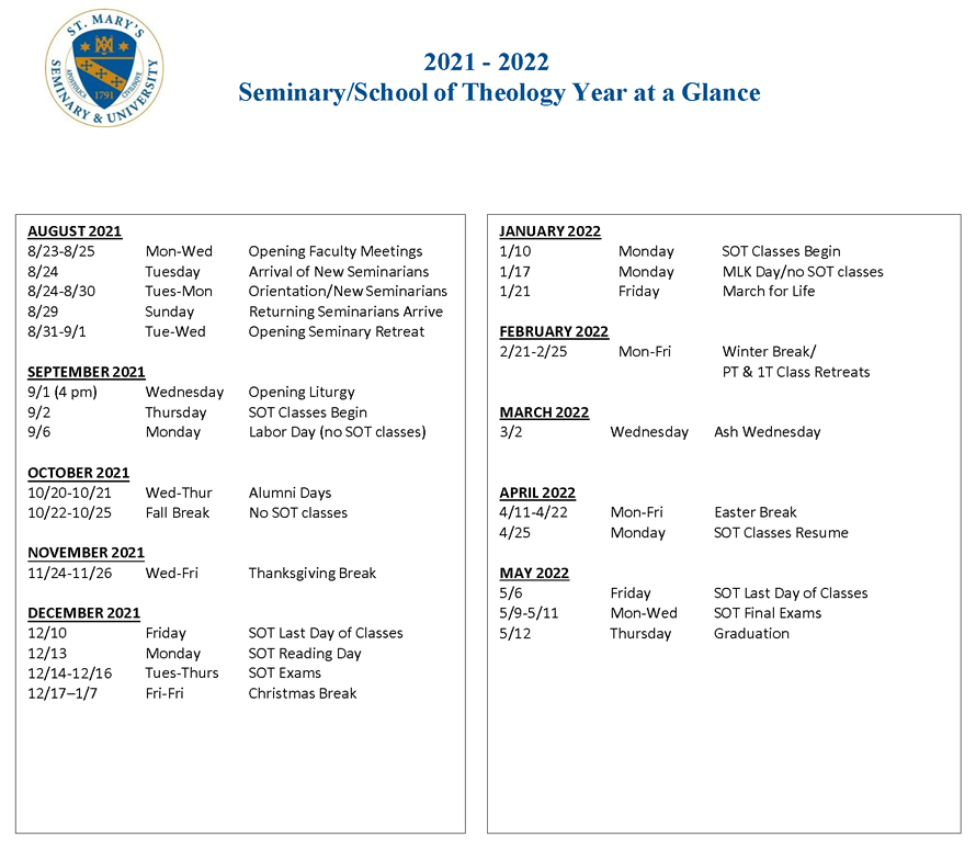 Seminary/School Of Theology Calendar | Saint Mary's Seminary & University