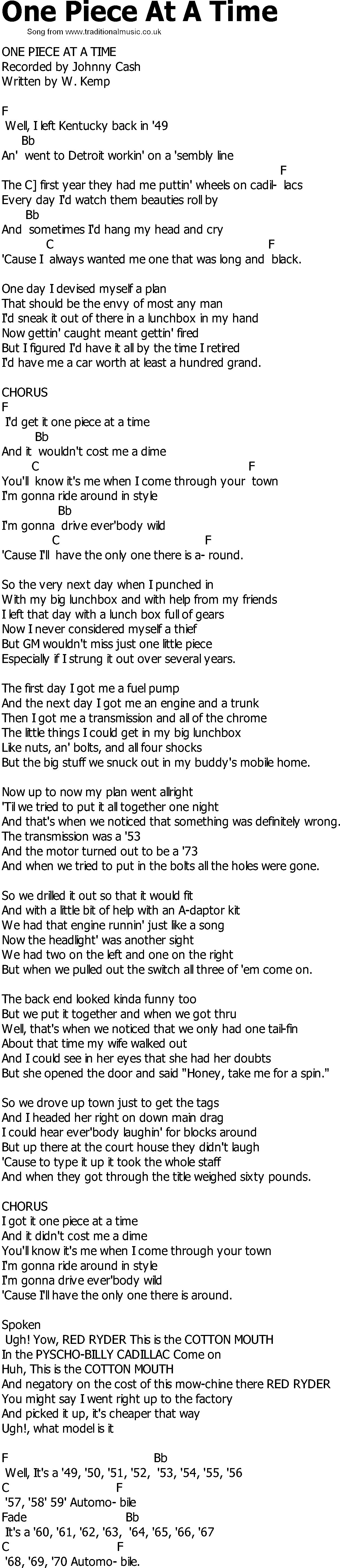 Old Country Song Lyrics With Chords One Piece At A Time