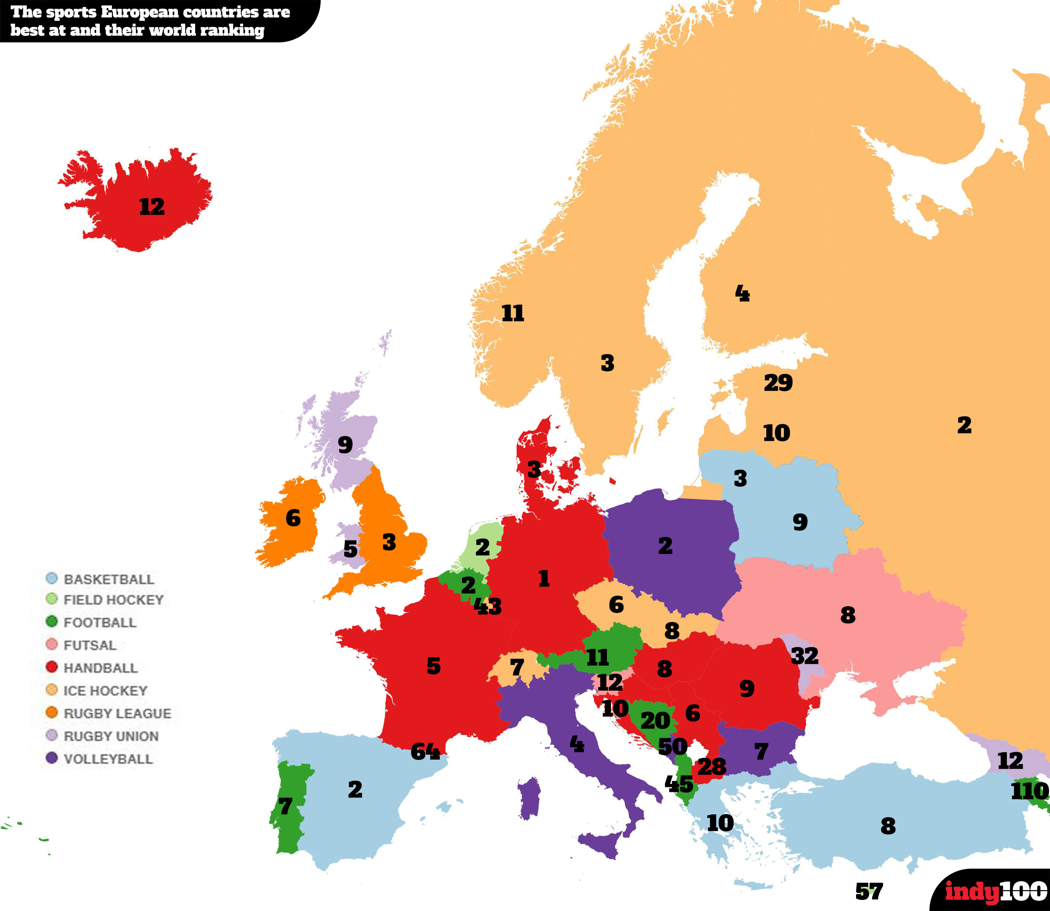 The map of European countries according to which sport each is best at and their world rankings.