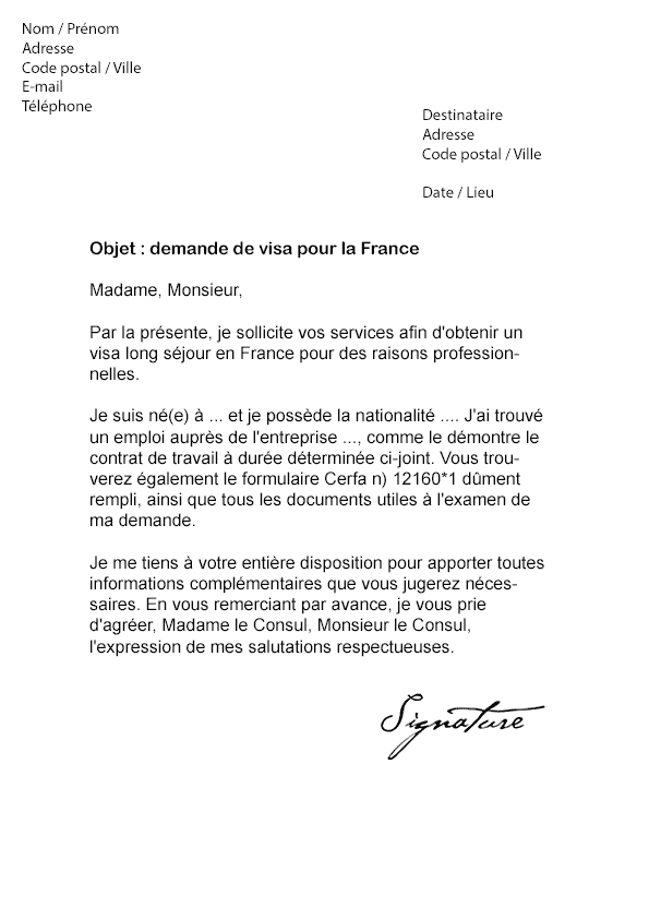 Lettre de demande de Visa pour la France - Modèle de Lettre