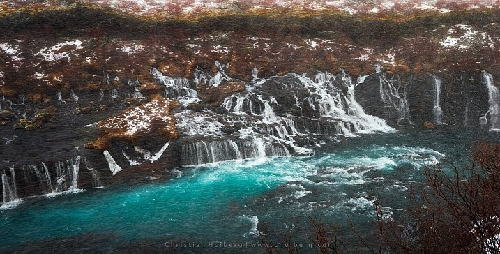 Hraunfossar-snowstorm
