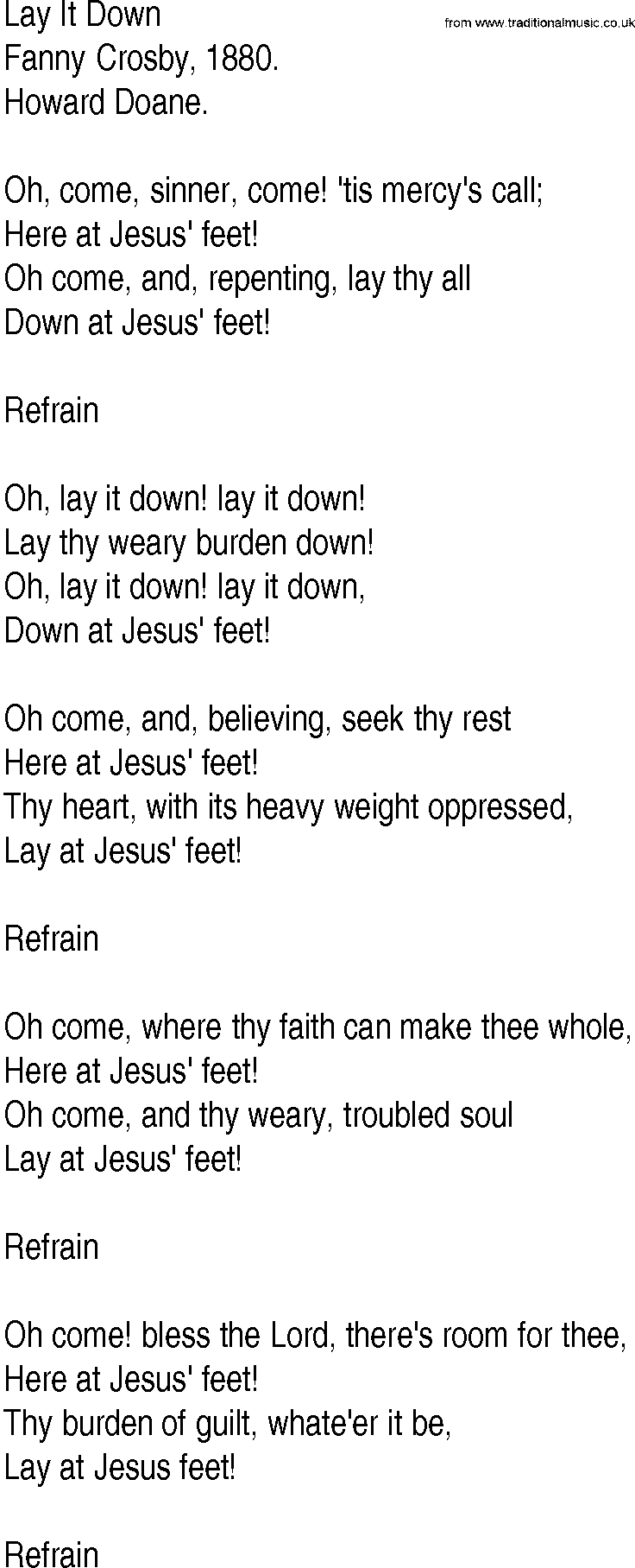 Hymn And Gospel Song Lyrics For Lay It Down By Fanny Crosby
