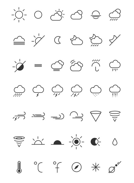 フリー素材 様々な気象マークを細いラインでデザインしたシンプルなアイコンセット