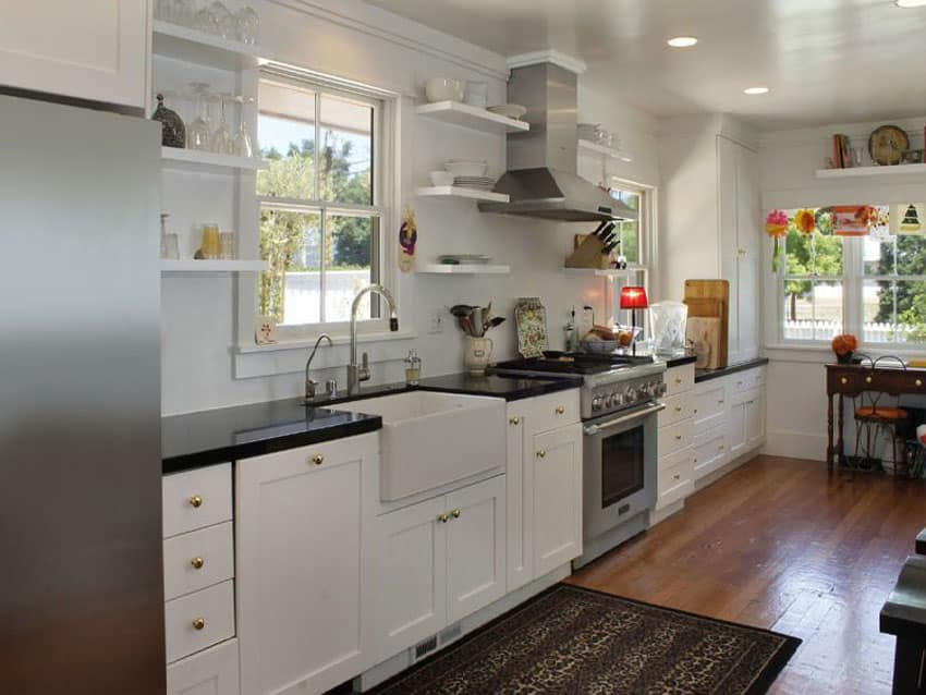25 Gorgeous One Wall Kitchen Designs (Layout Ideas) - Designing Idea One wall kitchen with white shaker cabinets, farmhouse sink, hardwood  floors and arabian black