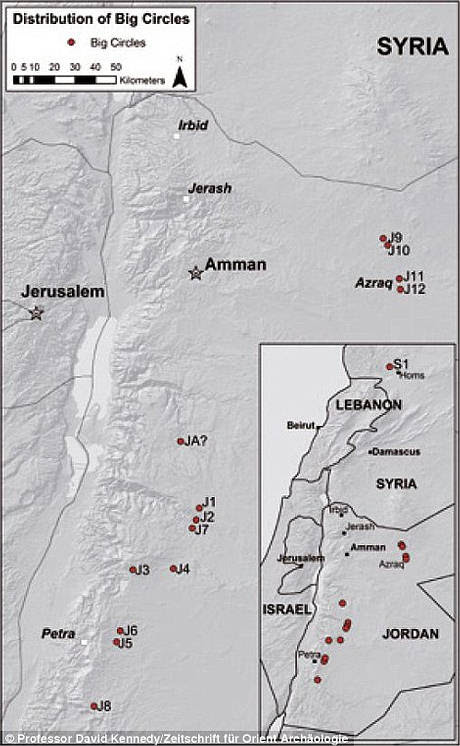 El mapa muestra la ubicación de cada uno de los 12 Grandes Círculos de Jordania registrados hasta ahora, además de otro gran círculo descubierto en Siria.