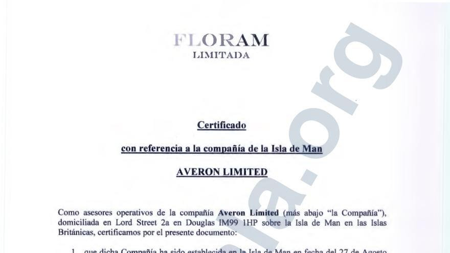 Certificado de titularidad de la sociedad Averon Limited, radicada en Isla de Man, junto con sus bienes
