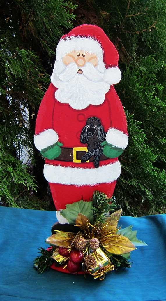 Handpainted Santa Claus Holding a POODLE BLACK Wood Figure or Centerpiece Decoration 12"