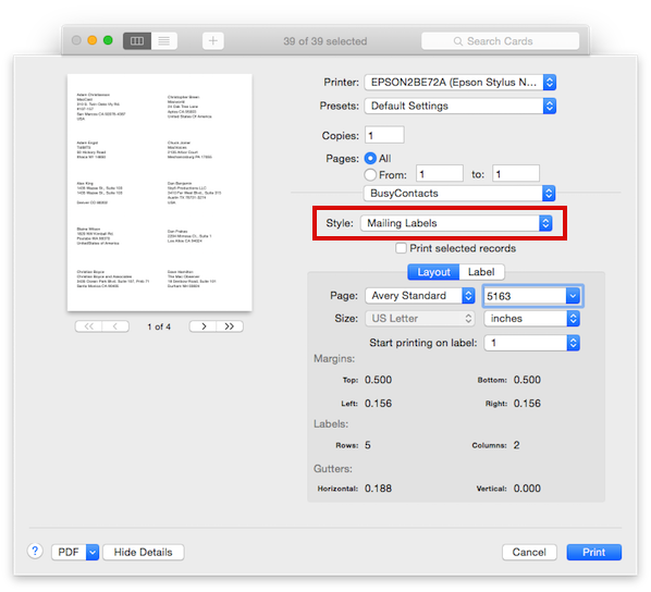 BusyContacts Mac - Printing Envelopes and Mailing Labels