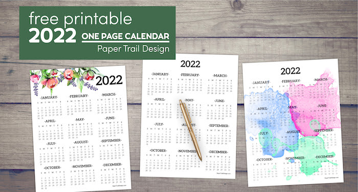 calendar 2022 printable one page paper trail design