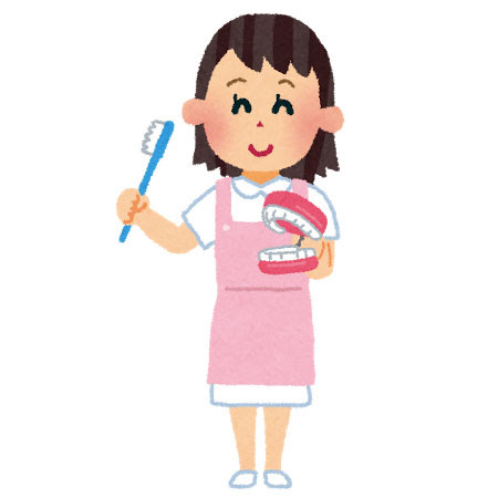 無料素材 歯ブラシと歯の模型を持った歯科衛生士さんを描いたイラスト