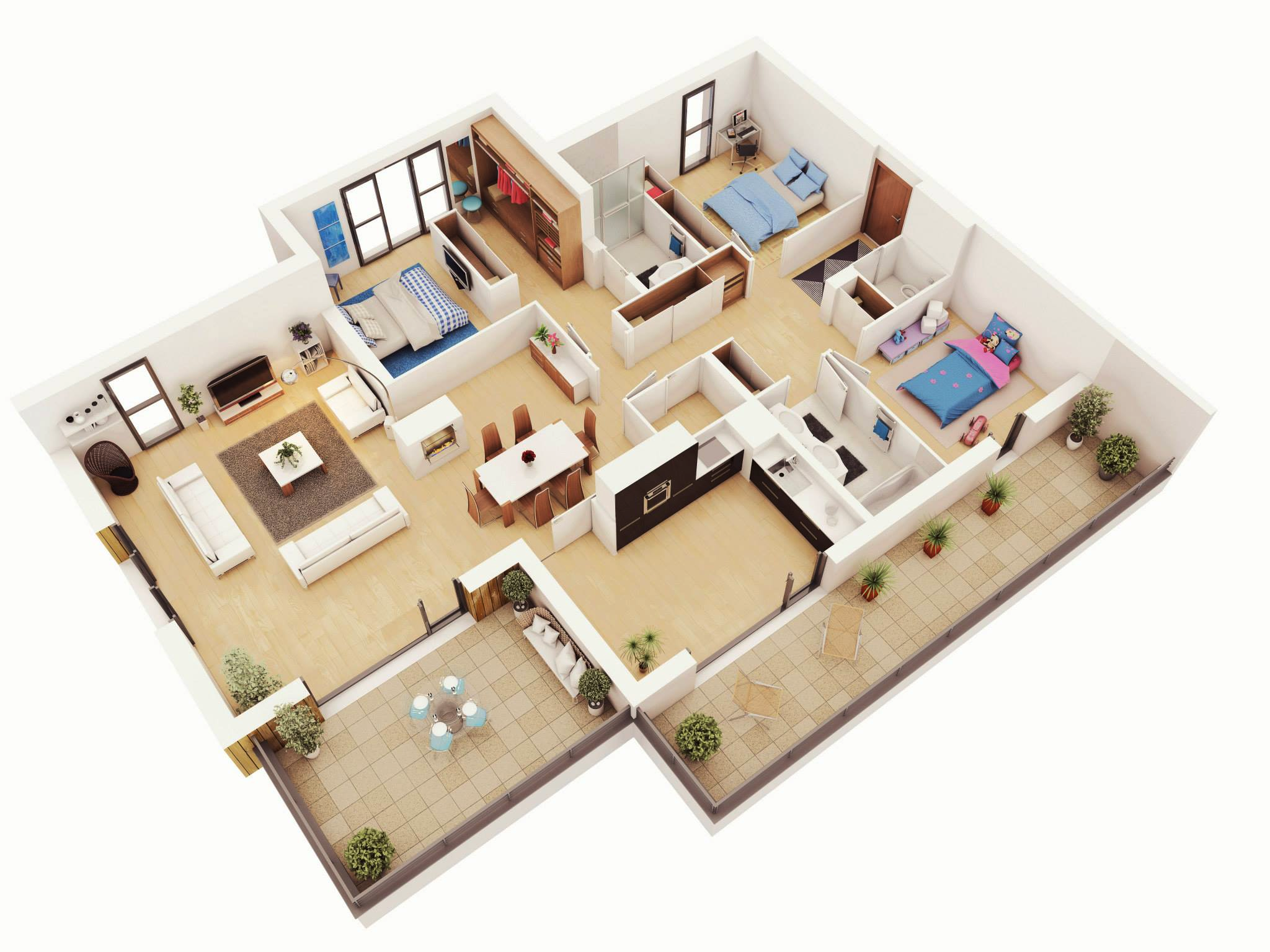 images 3 Bedroom Bungalow House Floor Plans 3D interior design ideas