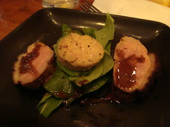 Arugula Salad with Roasted Duck Breast, Foie Gras Terrine and Chocolate Vinaigrette