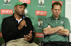 Celtics head coach Doc Rivers (left) and general manager Danny Ainge show their disappointment as they speak to the media Tuesday. Boston slipped from the top three in the NBA lottery to number five.