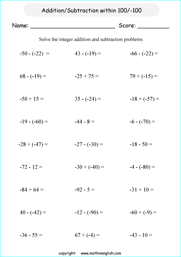 Math addition and subtraction of integers worksheet from ...