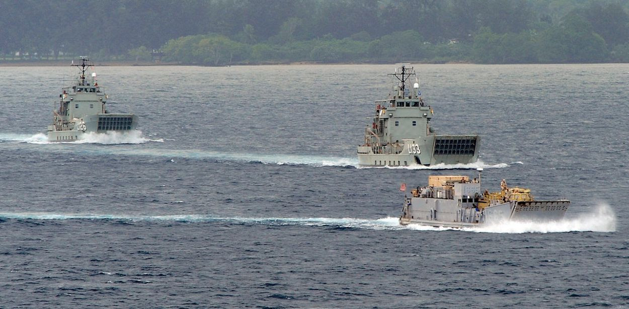 HMAS Balikpapan, Landing Craft Heavy (LCH) L133 HMAS Betano, and Landing Craft Utility (LCU) 1665 transit out of the Segond Channel during Pacific Partnership 2011. US Navy Photo