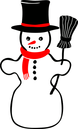 Clipart of a large bold snowman with a stovepipe hat and holding a broom.