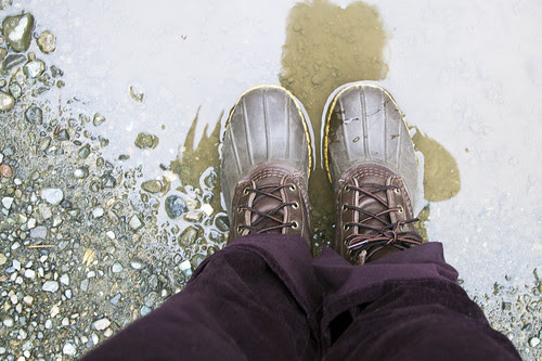 purple corduroy and duck boots