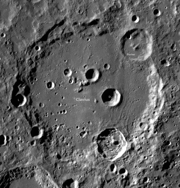 Rutherfurd on the rim of Clavius (LROC WAC)